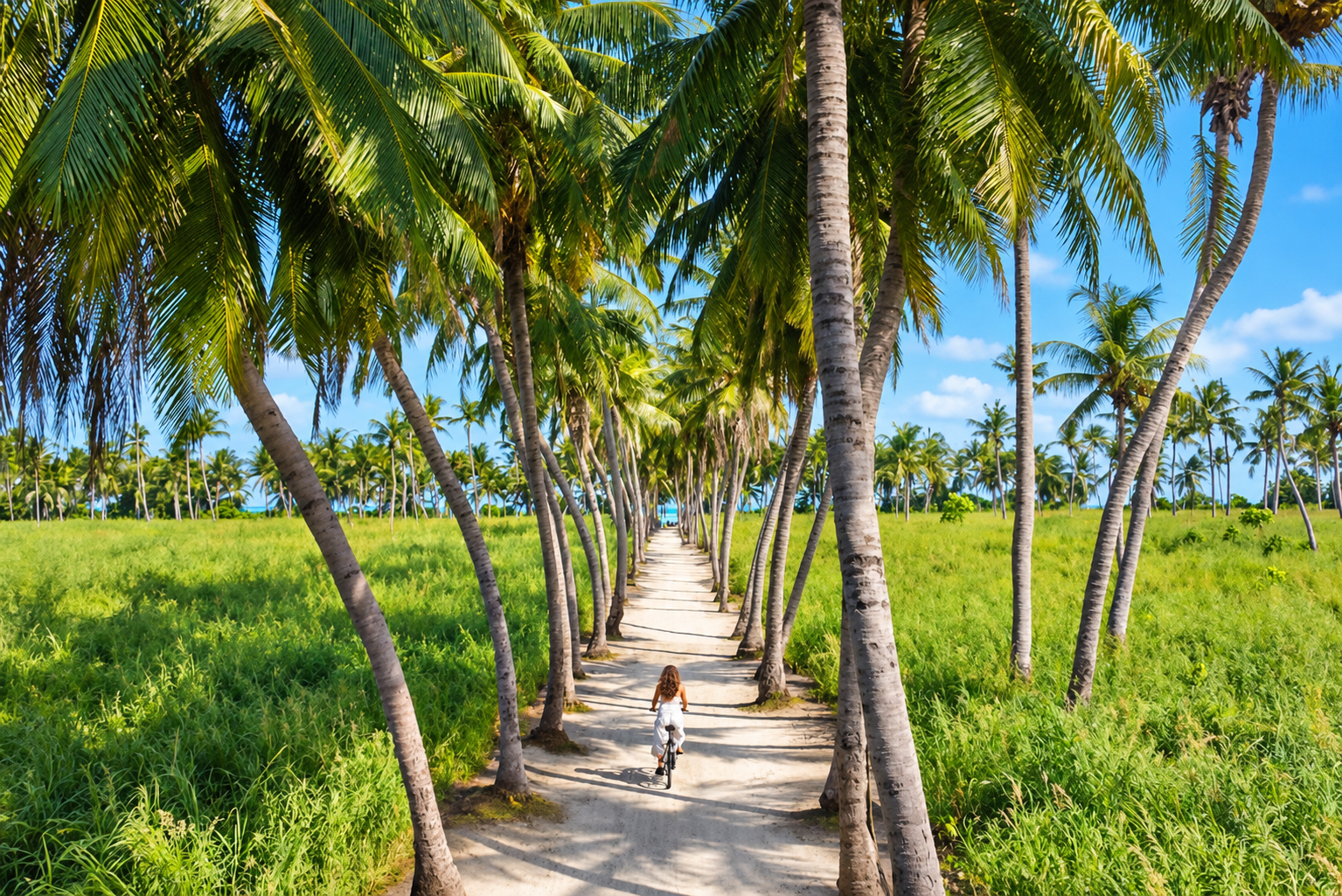 Cycling along a palm-lined sandy path